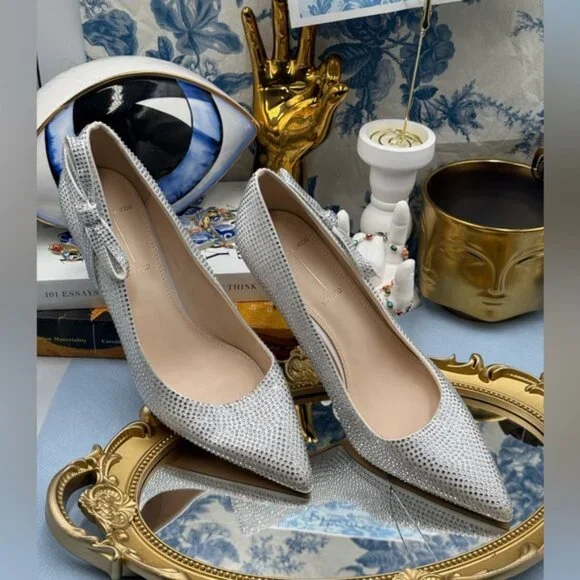 🆕 BLACK SUEDE STUDIO 🧿 NWOB White Satin Ribbon Rhinestone Heels, Sz 37 US 6.5 - Picture 3 of 16